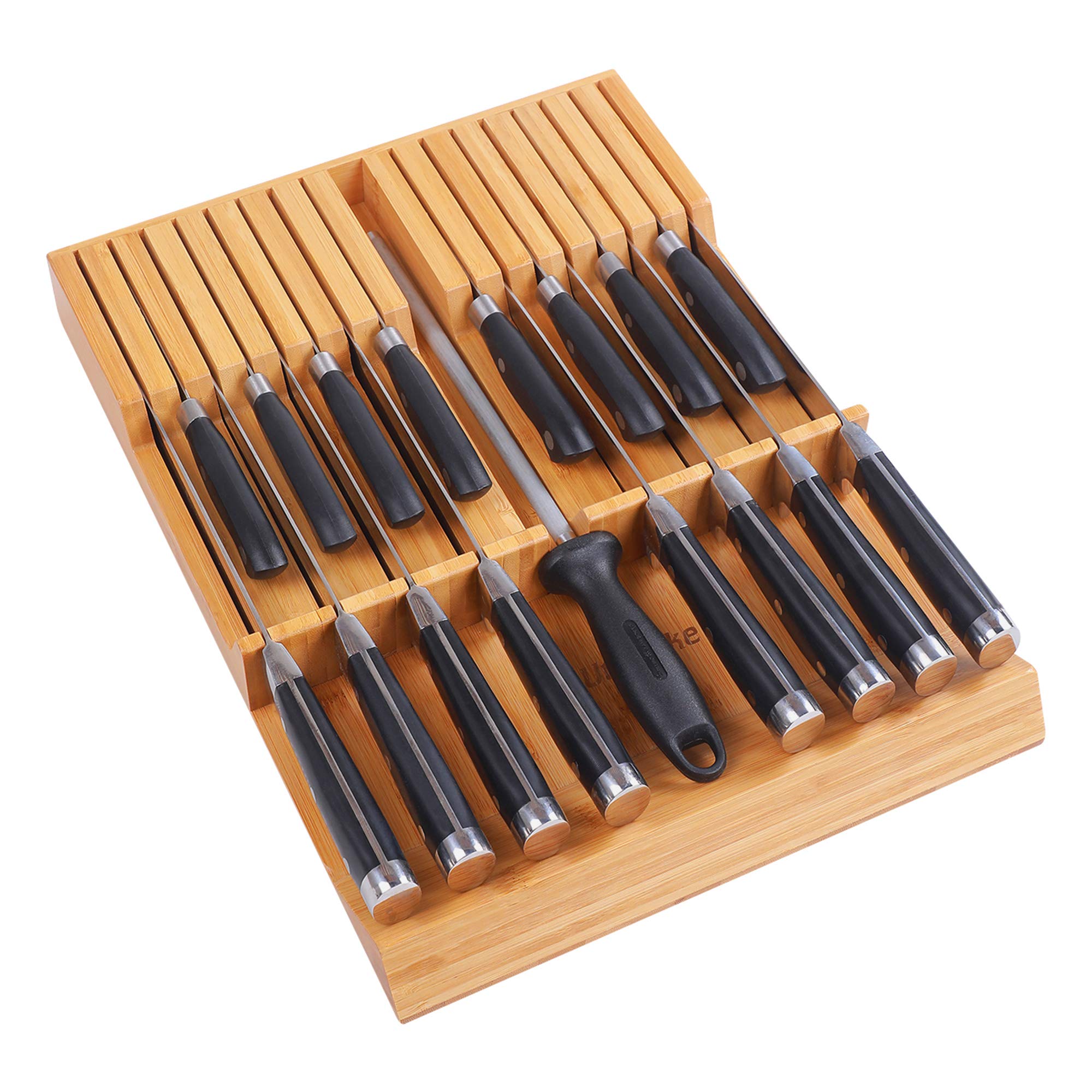 Organizador Utoplike para cajón de cuchillos en bambú Moso, acceso rápido y ordenado.