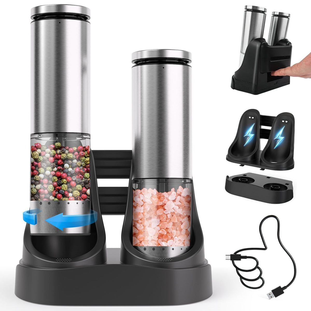 Molinillos Uvellgift con carga externa para una comodidad sin cables.