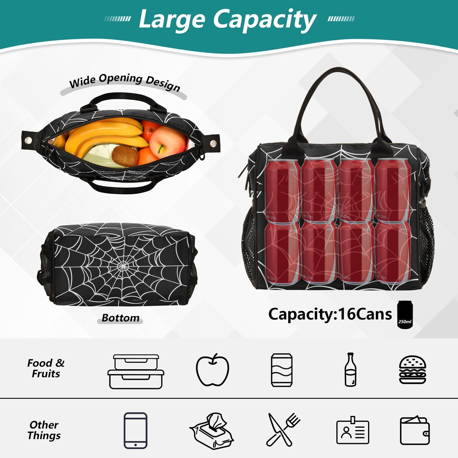 Gran capacidad de la bolsa UWSG Goth Araña para almuerzo y snacks