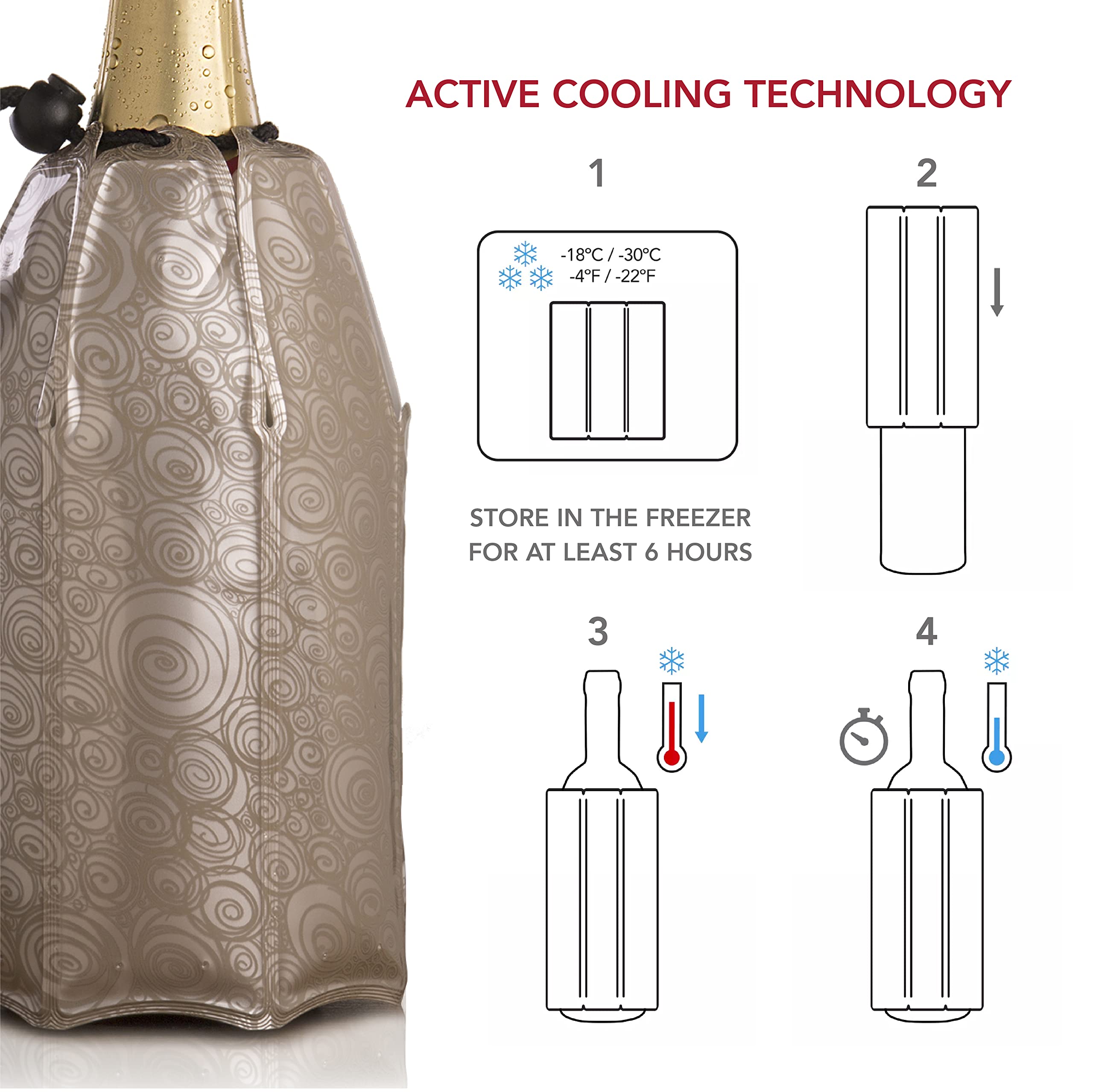 Vacuvin Active Cooler envuelve la botella para enfriamiento uniforme sin hielo.