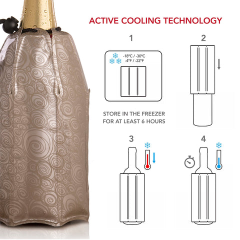 Vacuvin Active Cooler envuelve la botella para enfriamiento uniforme sin hielo.