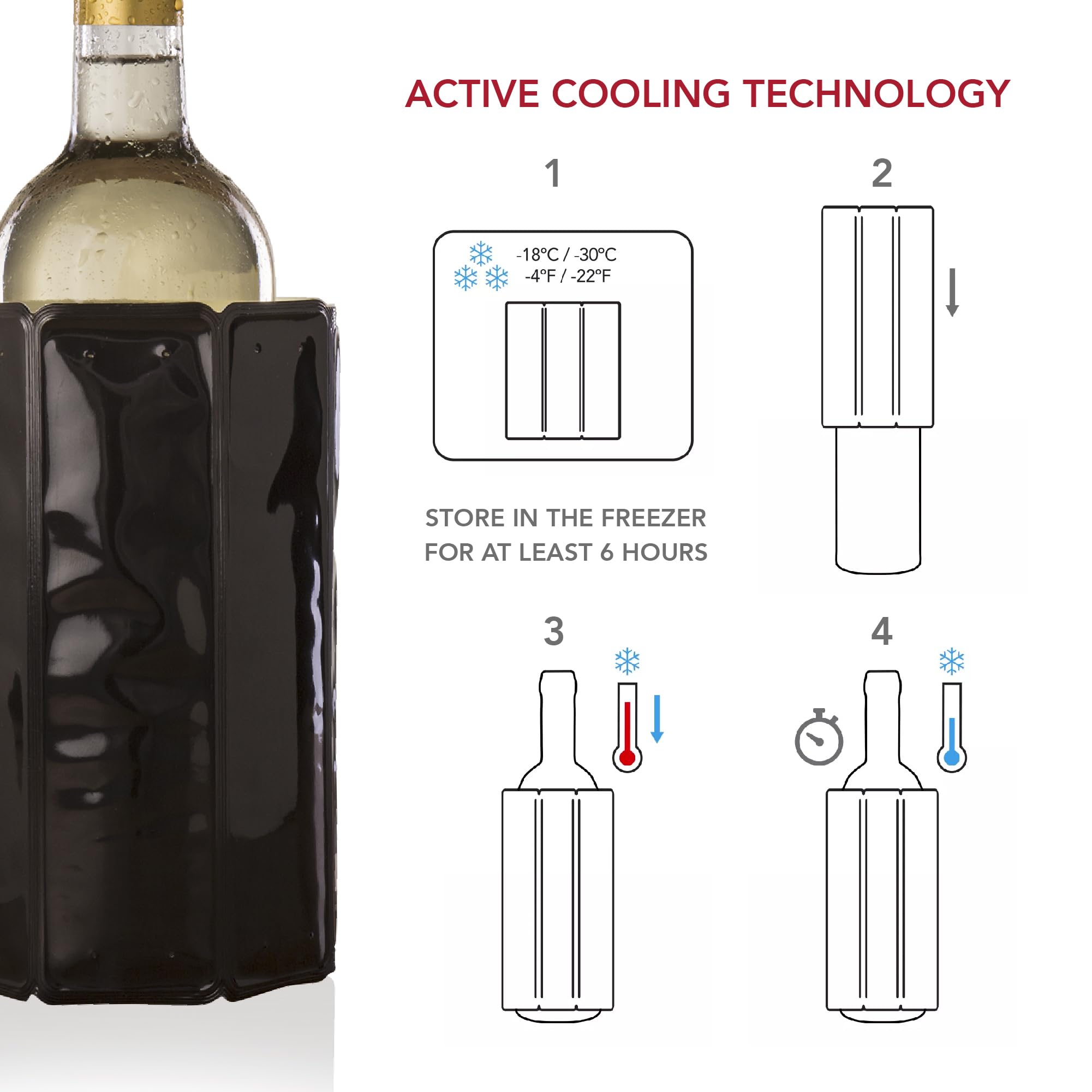 Vacuvin manga enfriadora de vino platino sobre mesa elegante.
