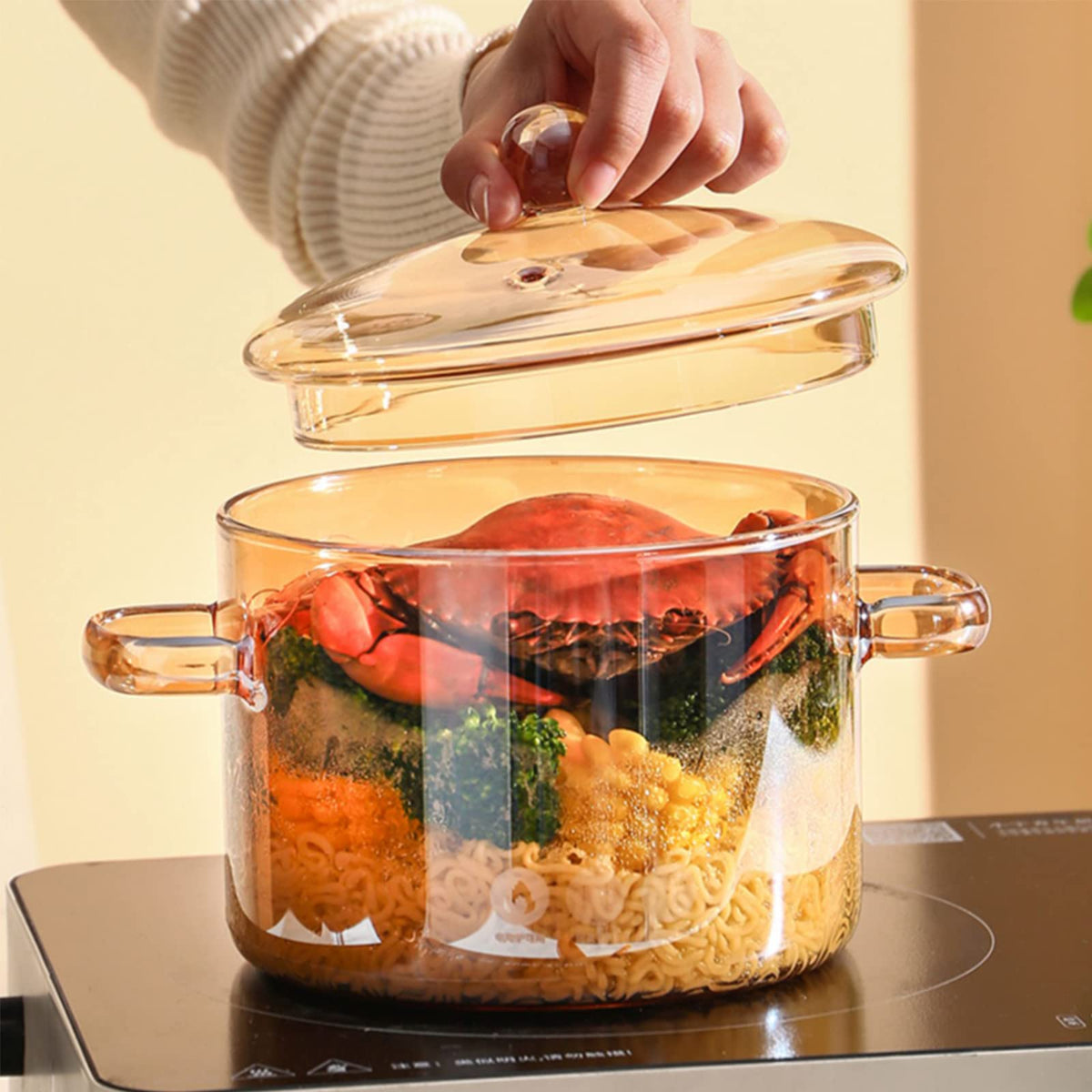 Olla Vaguelly de vidrio ámbar 1500 ml con tapa para cocinar con seguridad