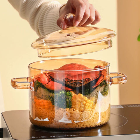 Olla Vaguelly de vidrio ámbar 1500 ml con tapa para cocinar con seguridad