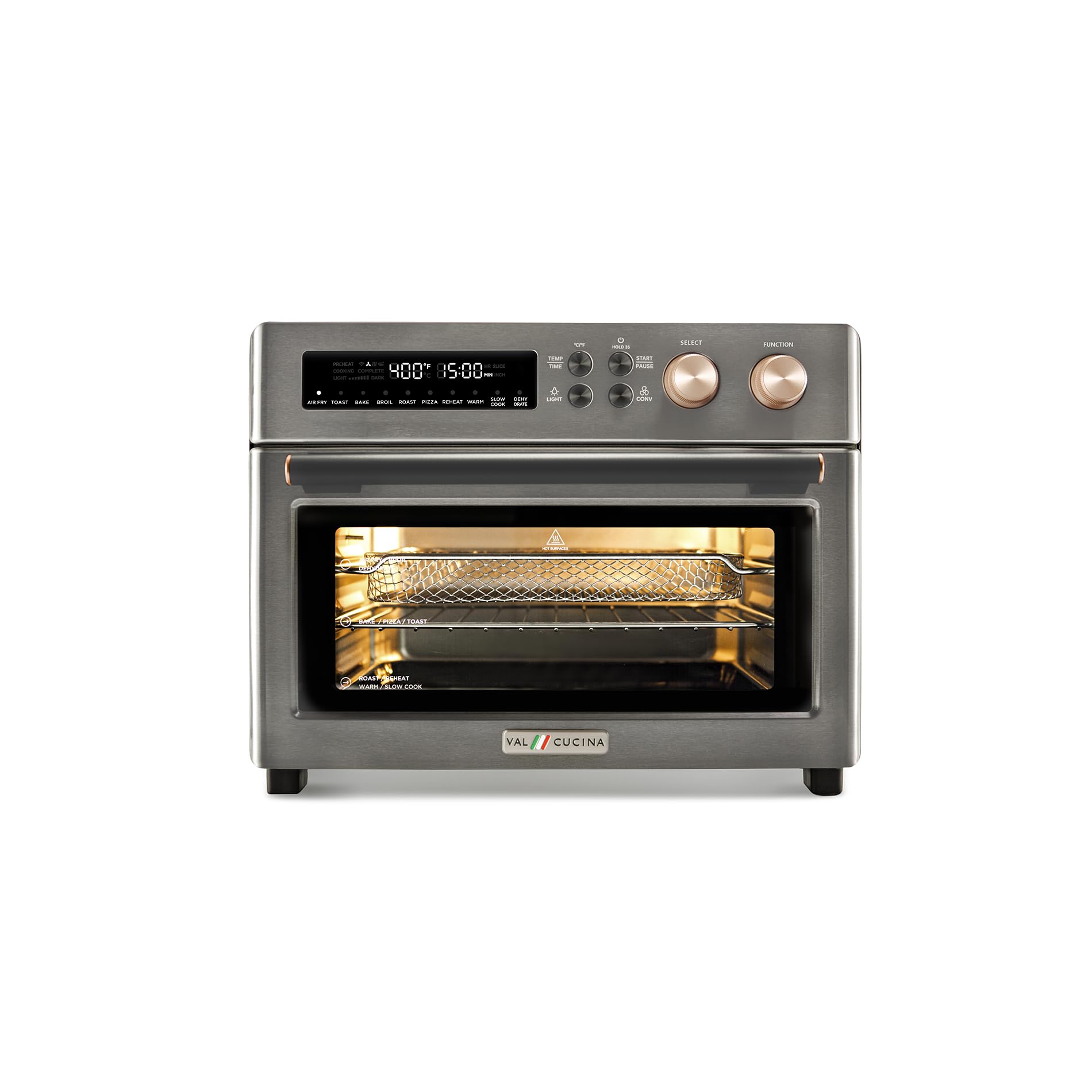 VAL CUCINA Horno infrarrojo con freidora de aire, frente, cocción rápida y eficiente.