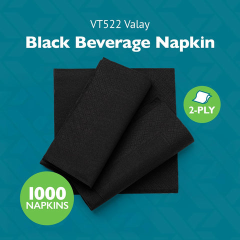 Valay Morcon servilletas negras 2 capas en mesa, textura absorbente para bebidas y aperitivos.