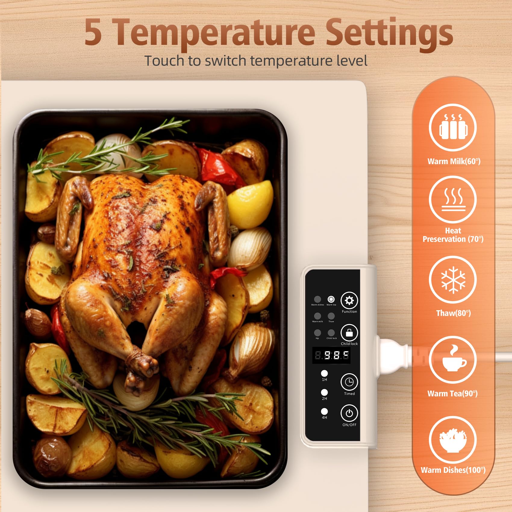 Valuejoy manta calentadora: cinco niveles de temperatura para distintos alimentos.
