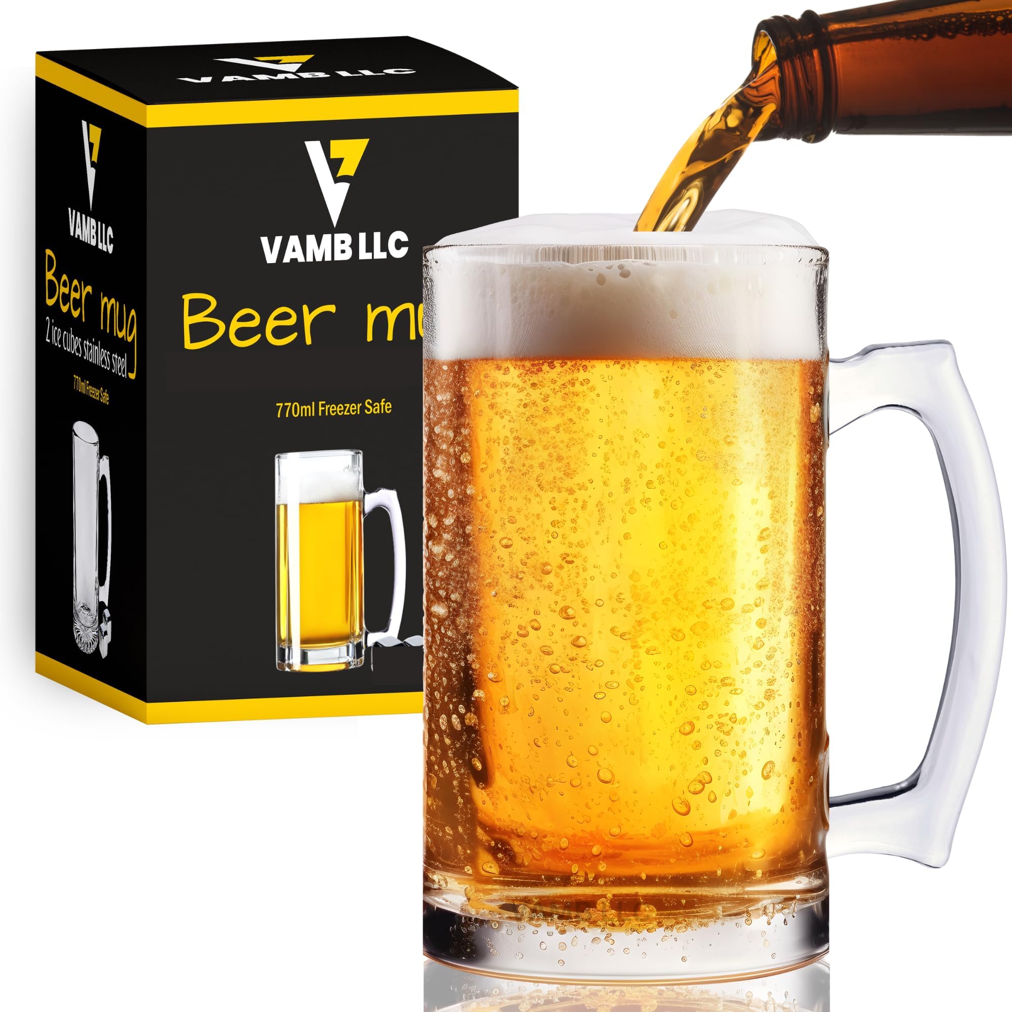 VAMB LLC vaso de cerveza 26 oz con asa, porciones generosas.