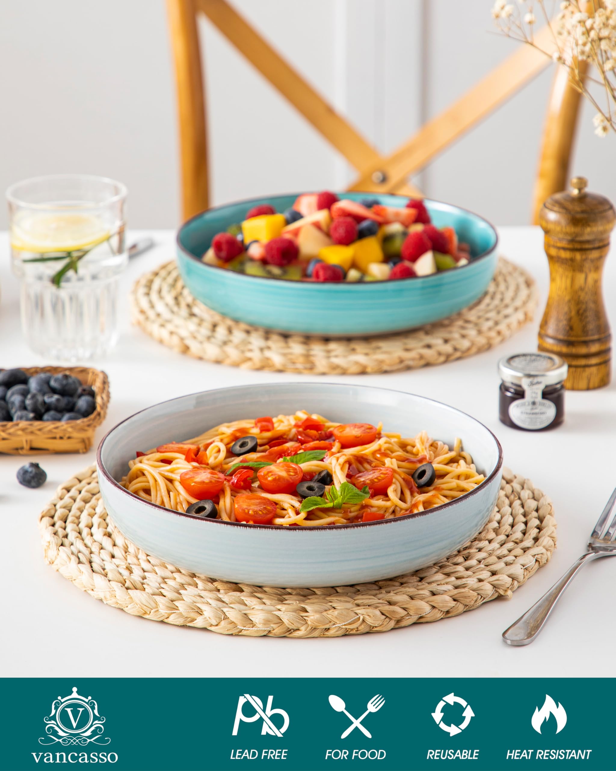 Vancasso Bonita tazones de pasta azul, soportan calentar en microondas para comidas rápidas.