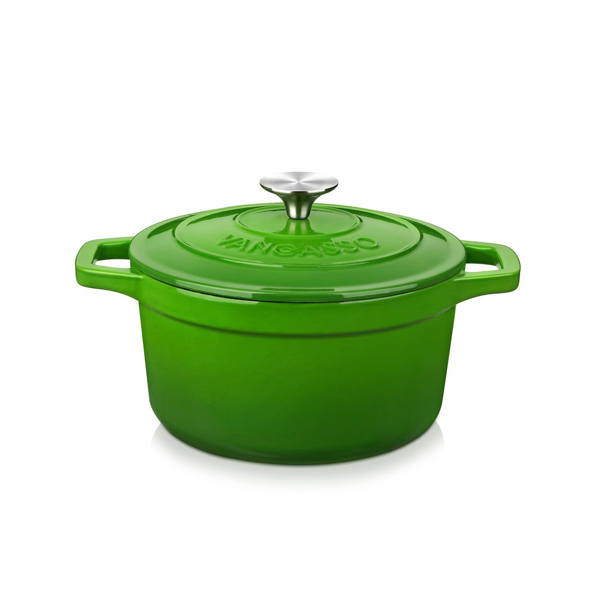 Olla Vancasso de hierro esmaltado verde con tapa de acero inoxidable, ideal para guisos.