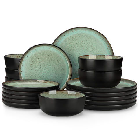 Conjunto Vancasso: platos y cuencos 18 piezas en tono ámbar-verde, ideal para cenas.