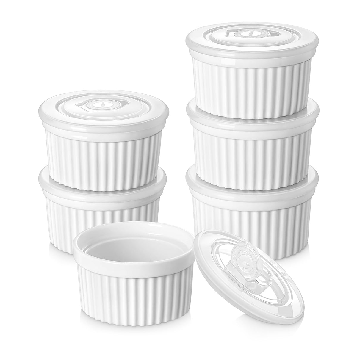 Ramequines Vancasso con tapa 8 oz para porciones individuales y horneado seguro.