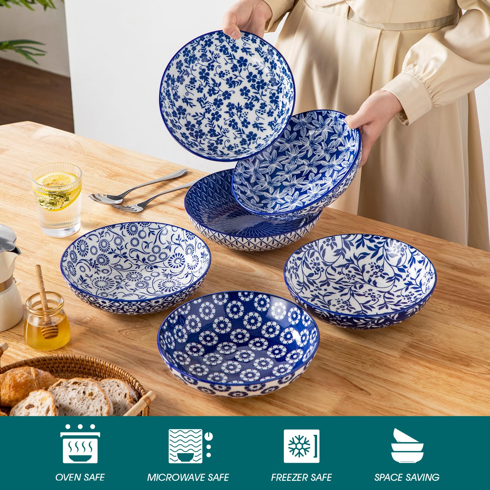 Tazón Selene de porcelana con capacidad de 40 oz para servir porciones abundantes.