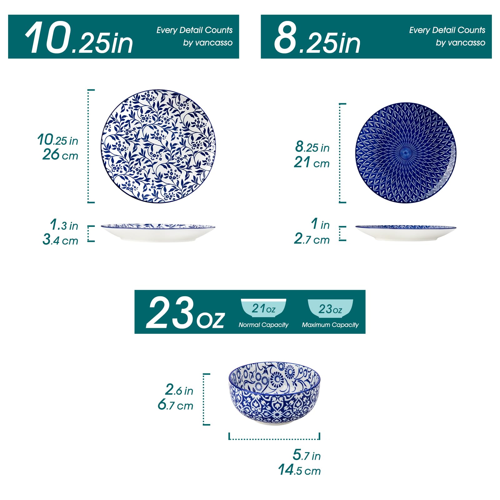 Plato de cena Vancasso SELENE, 10.25 pulgadas, azul y blanco, ideal para comidas diarias.