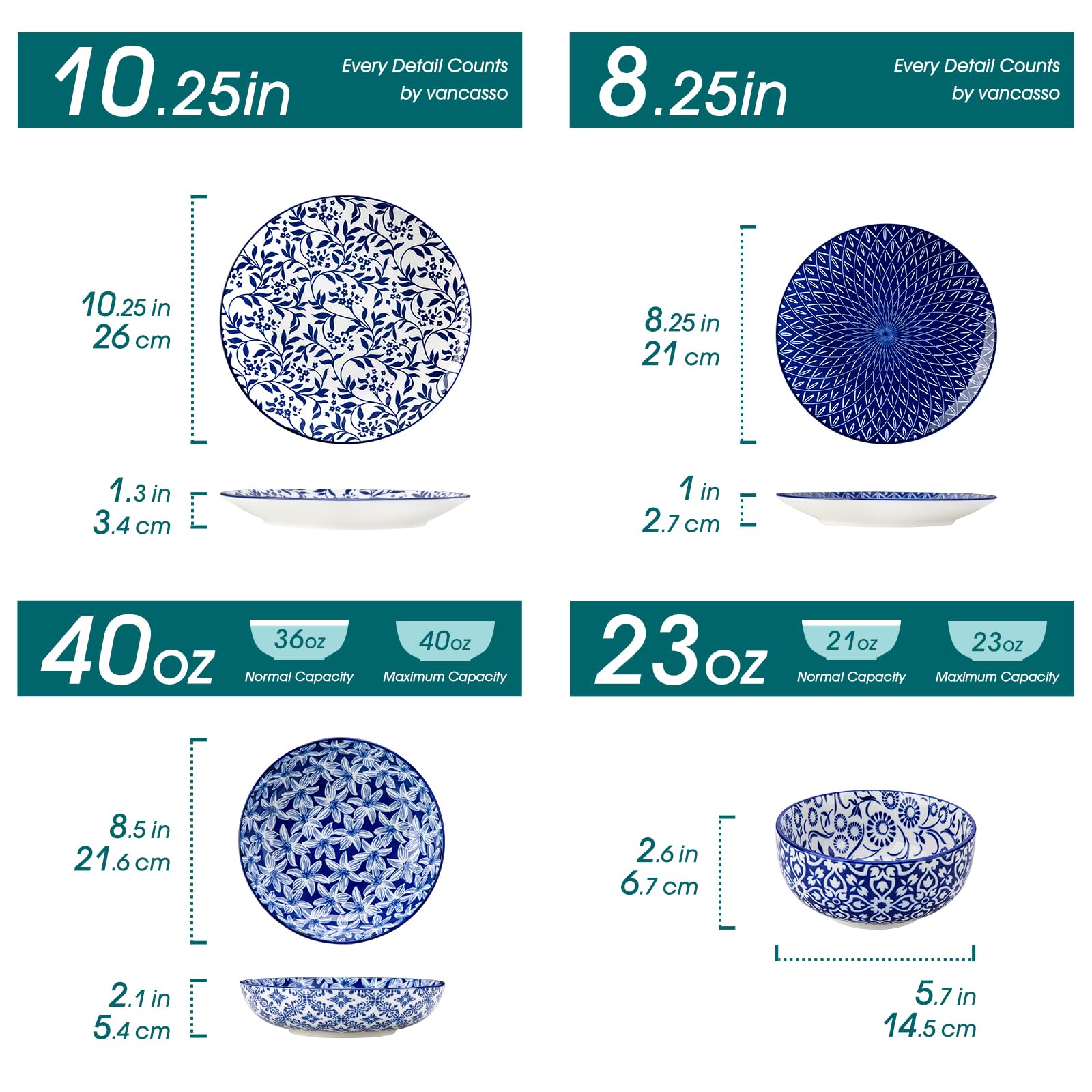 Plato de cena vancasso Selene de 10,25 pulgadas con esmalte azul y blanco.