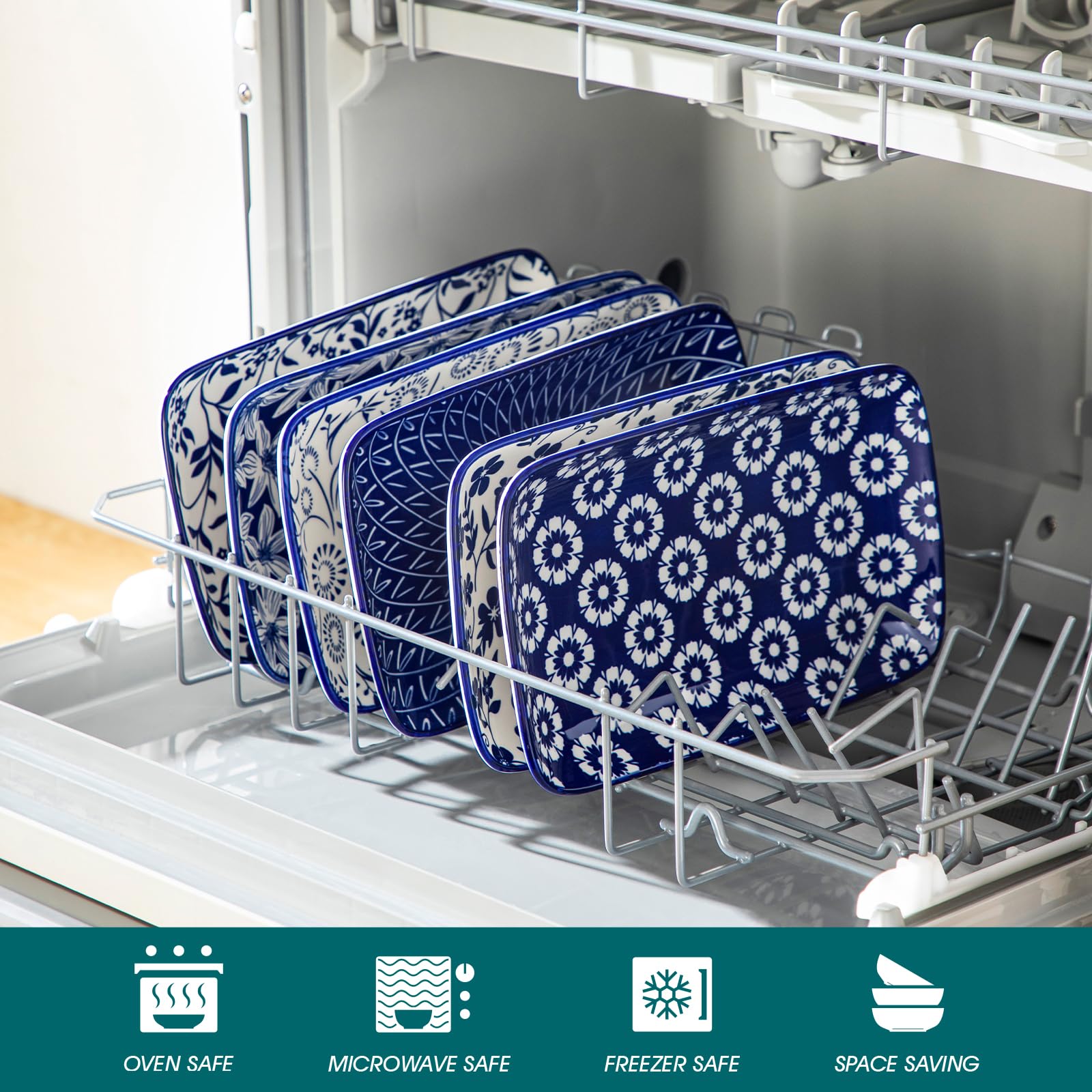 Selene de Vancasso, plato rectangular para porciones con diseño floral azul.