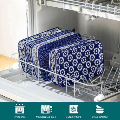 Selene de Vancasso, plato rectangular para porciones con diseño floral azul.