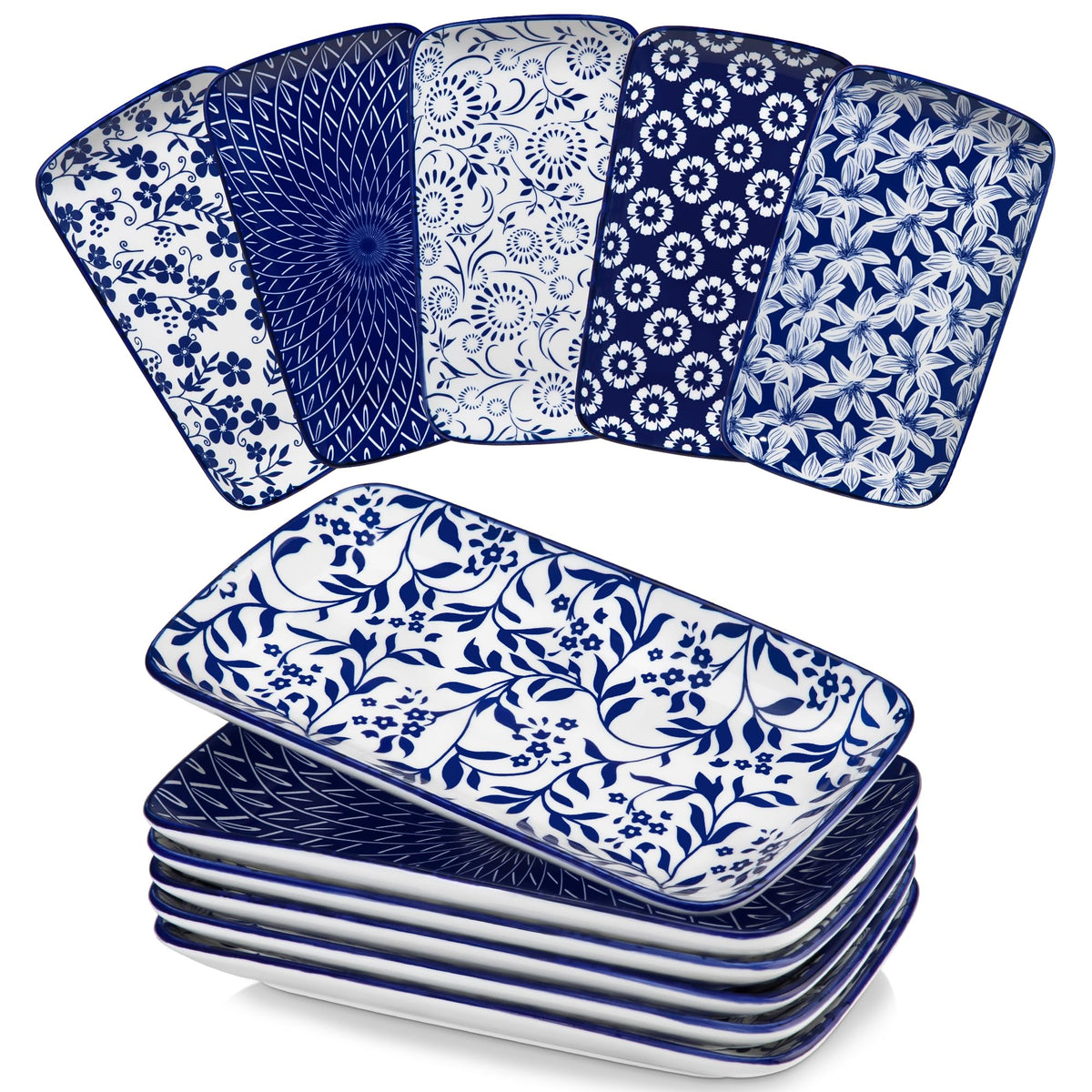 Selene de Vancasso, plato rectangular para servir ensaladas con estilo azul vintage.