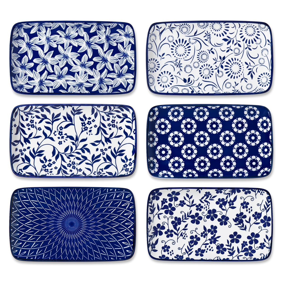 Plato rectangular Selene de Vancasso con diseño floral azul y blanco para ensaladas.