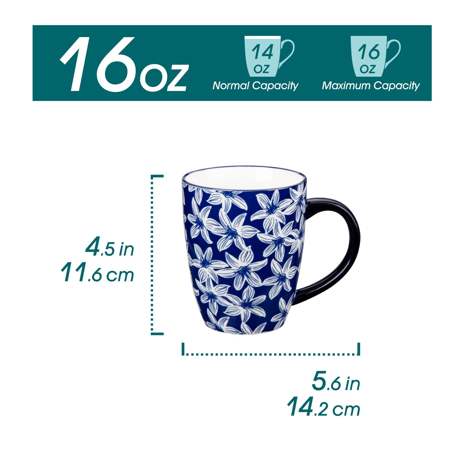 Vancasso SELENE, taza cerámica 16oz, detalle azul vintage para té o cappuccino.