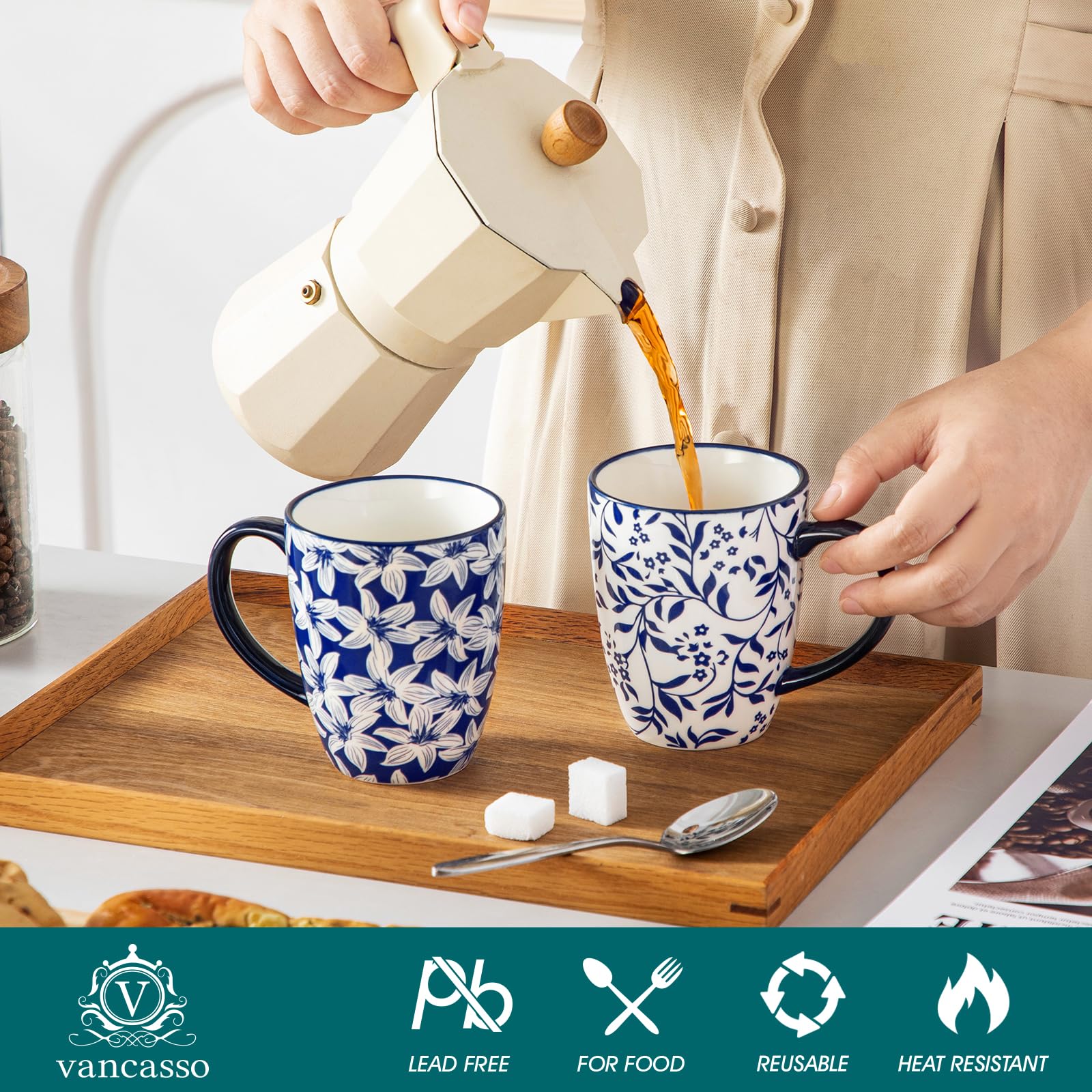 Conjunto de 6 tazas SELENE, porcelana duradera, diseño floral para desayunos.