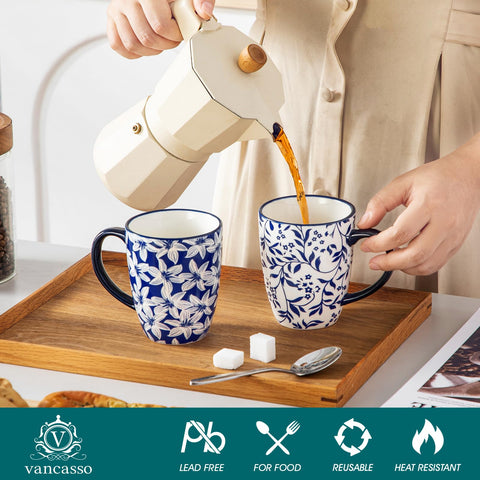 Conjunto de 6 tazas SELENE, porcelana duradera, diseño floral para desayunos.