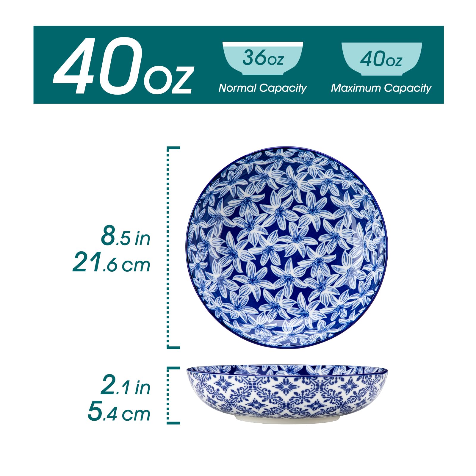 Tazones para ensalada de Selene con diseño azul y blanco, ideales para presentaciones elegantes.