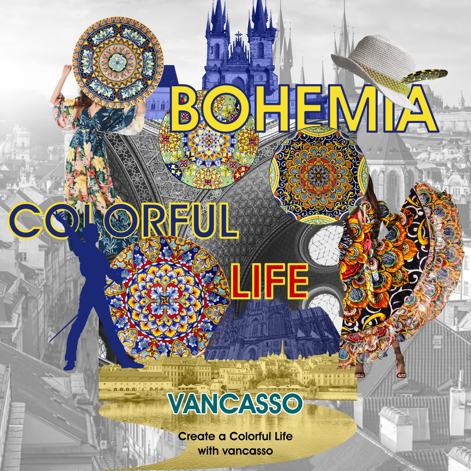 Conjunto de platos Vancasso SIMI en colorido bohemio para coleccionar.