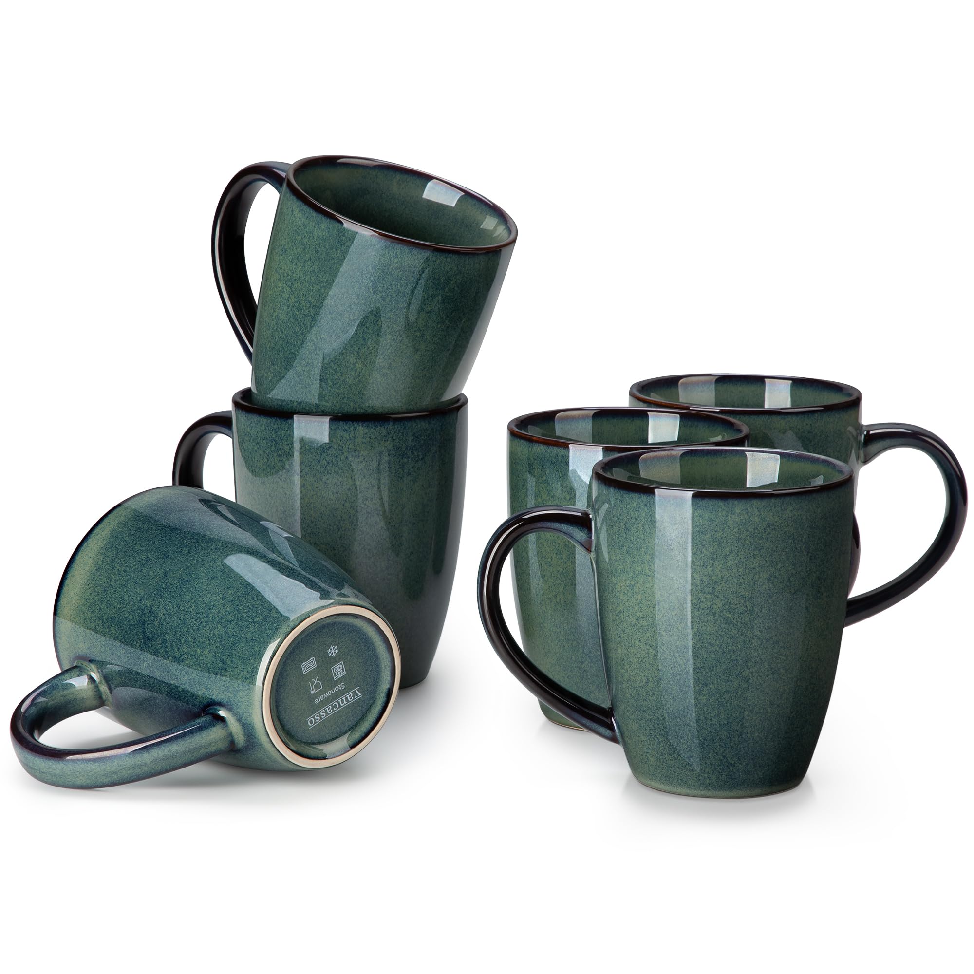Taza vancasso Starry, vista frontal, acabado verde único y ideal para café diario.