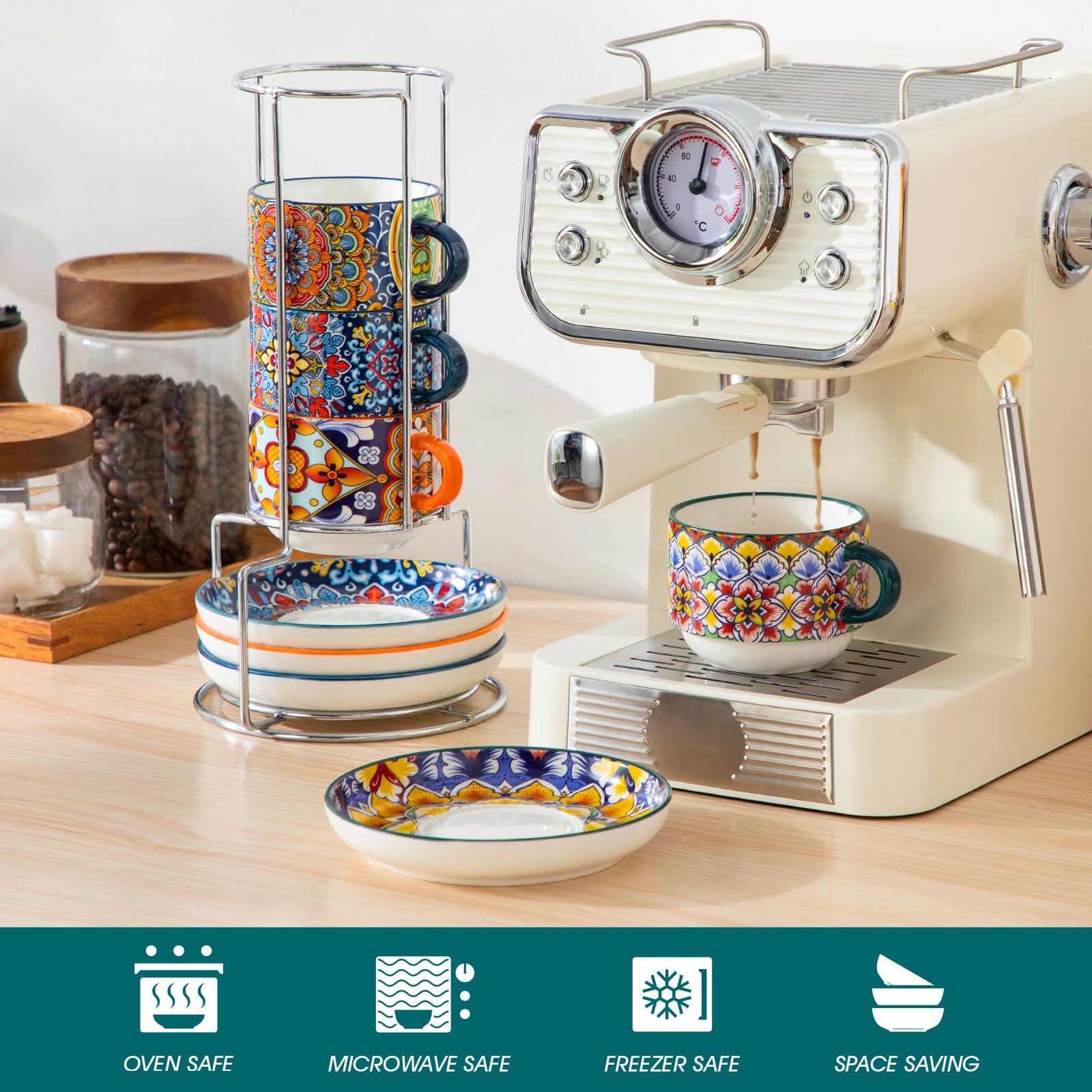 Tazas Vancasso aptas para microondas y lavavajillas, fácil limpieza.