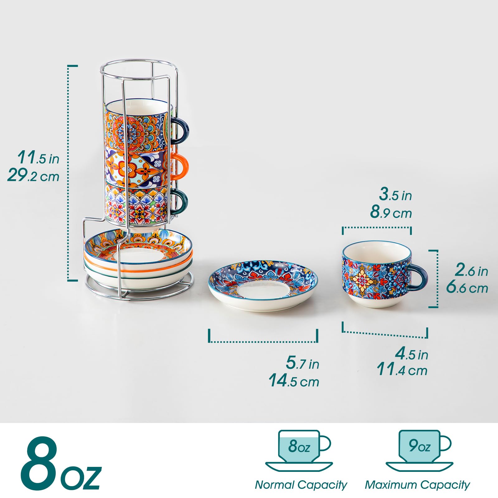 Conjunto tazas espresso Vancasso con soporte de metal para ordenar y exhibir.