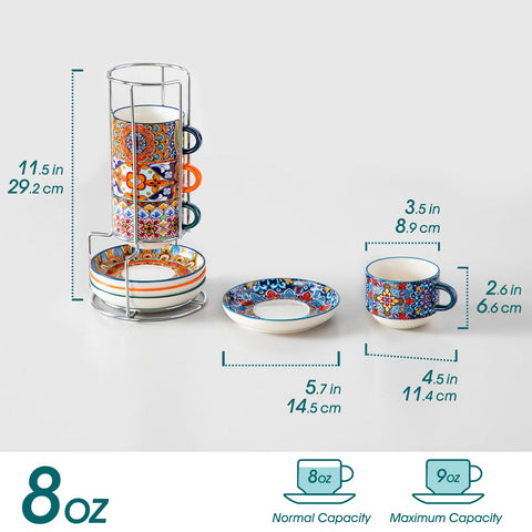 Conjunto tazas espresso Vancasso con soporte de metal para ordenar y exhibir.