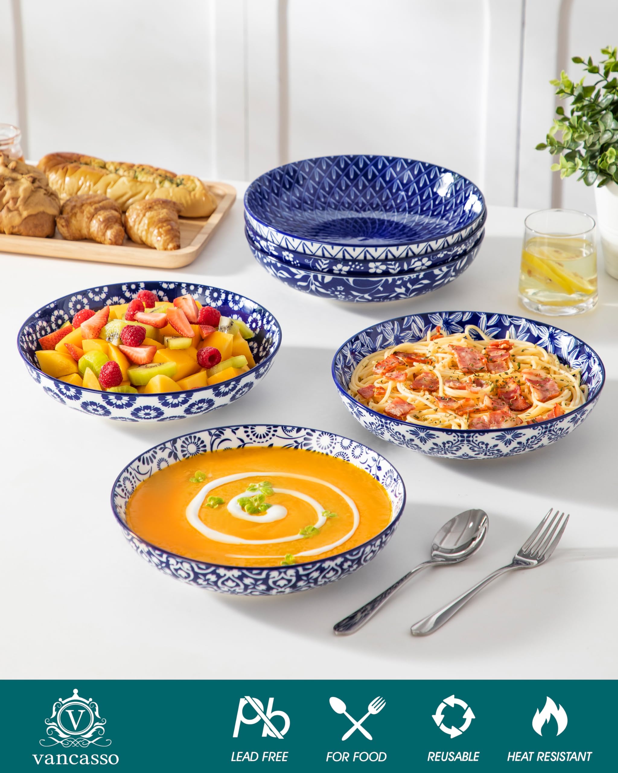 Vancasso tazones sopa ensalada, diseño azul y blanco para uso diario.