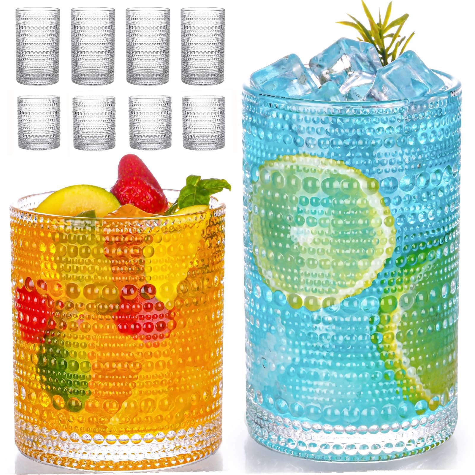VANKUTL vasos hobnail 12 oz, juego de 4, cristal claro para cócteles y agua.