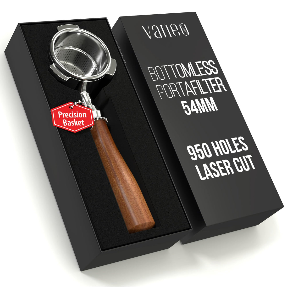 Portafiltro sin fondo Vaneo 54 mm con diseño preciso para dosis de 18–21 g que mejora la extracción.