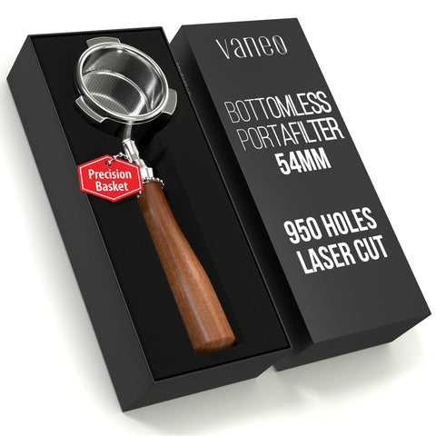 Portafiltro sin fondo Vaneo 54 mm con diseño preciso para dosis de 18–21 g que mejora la extracción.