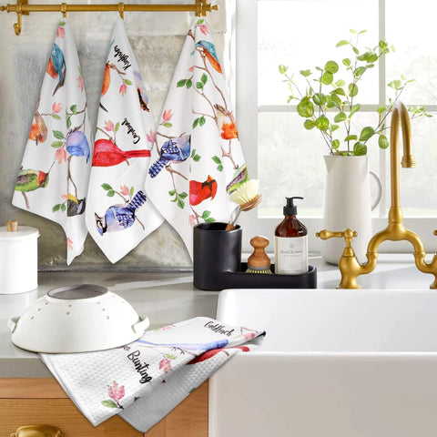 Toalla Vansolinne con colibrí y aves, perfecta para secado rápido y estilo.