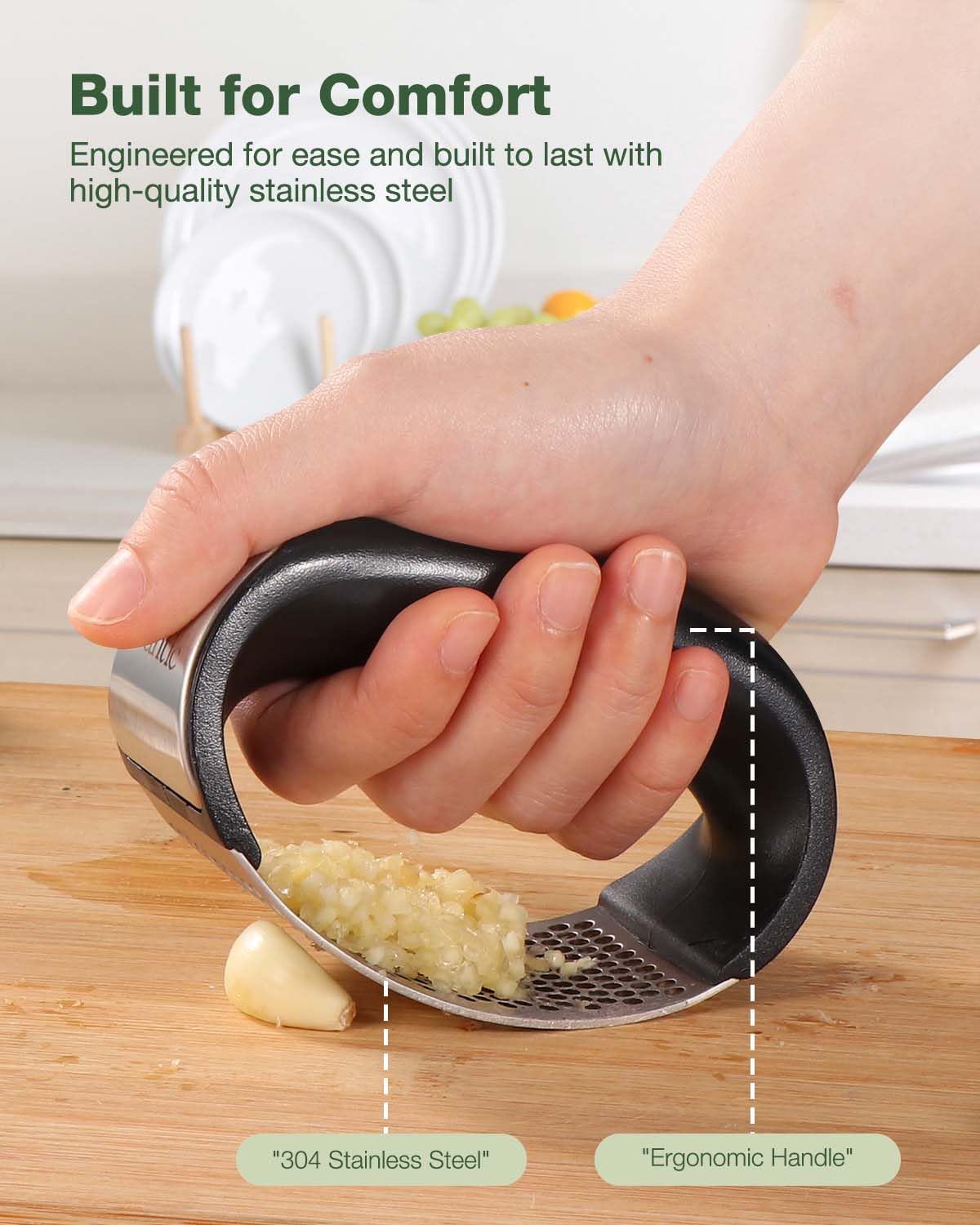 Kit de cocina Vantic con prensa de ajo, pelador y raspador para tareas ordenadas.