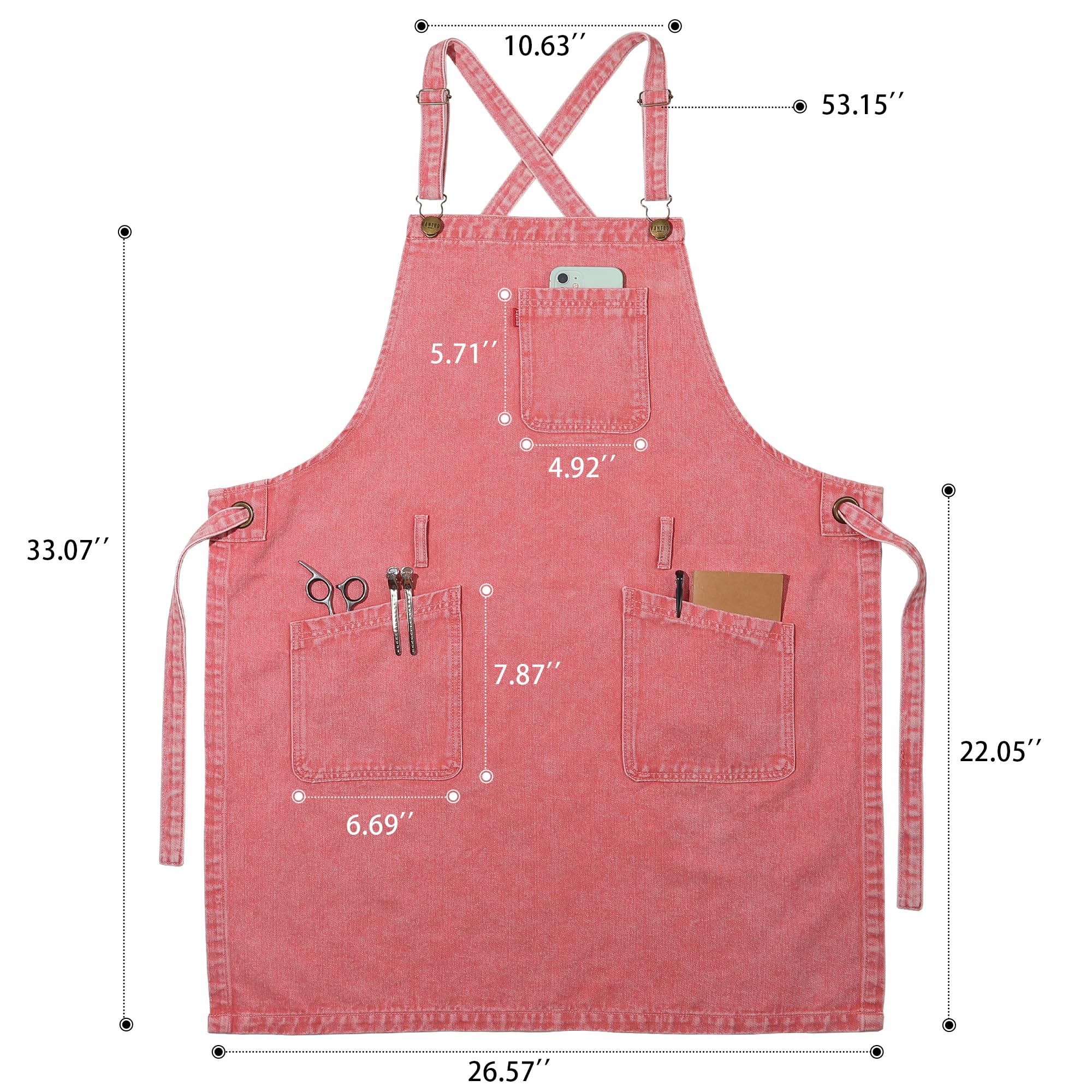Ajuste cruzado en delantal VANTOO denim rosa para comodidad todo el día.