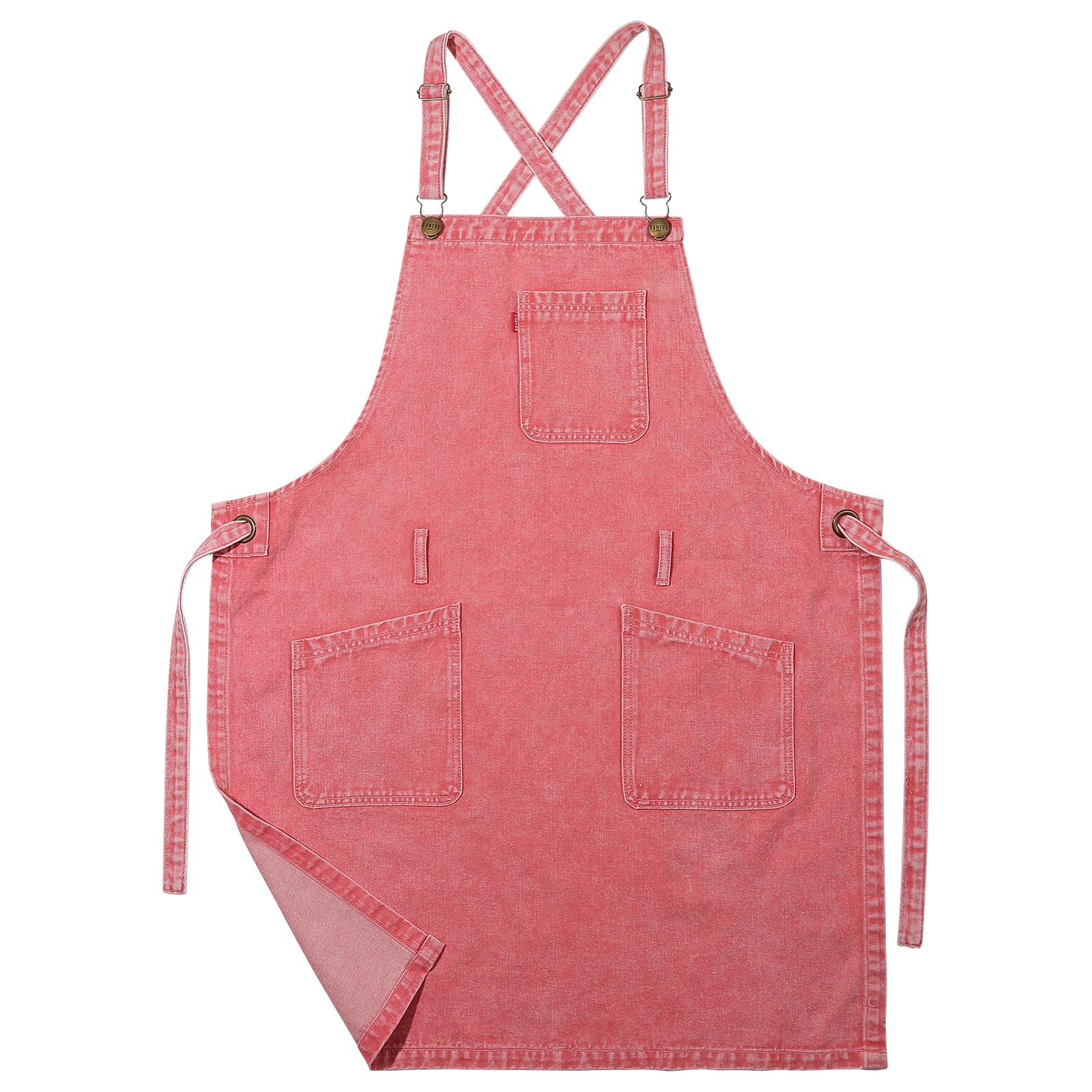 Delantal VANTOO denim rosa con bolsillos, práctico para cocinar y servir.