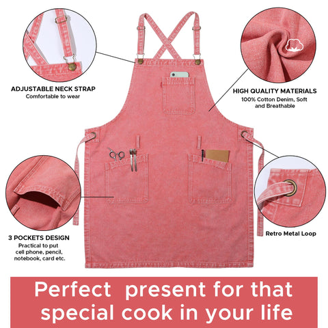 Uso profesional del delantal VANTOO rosa en cocina y servicios.