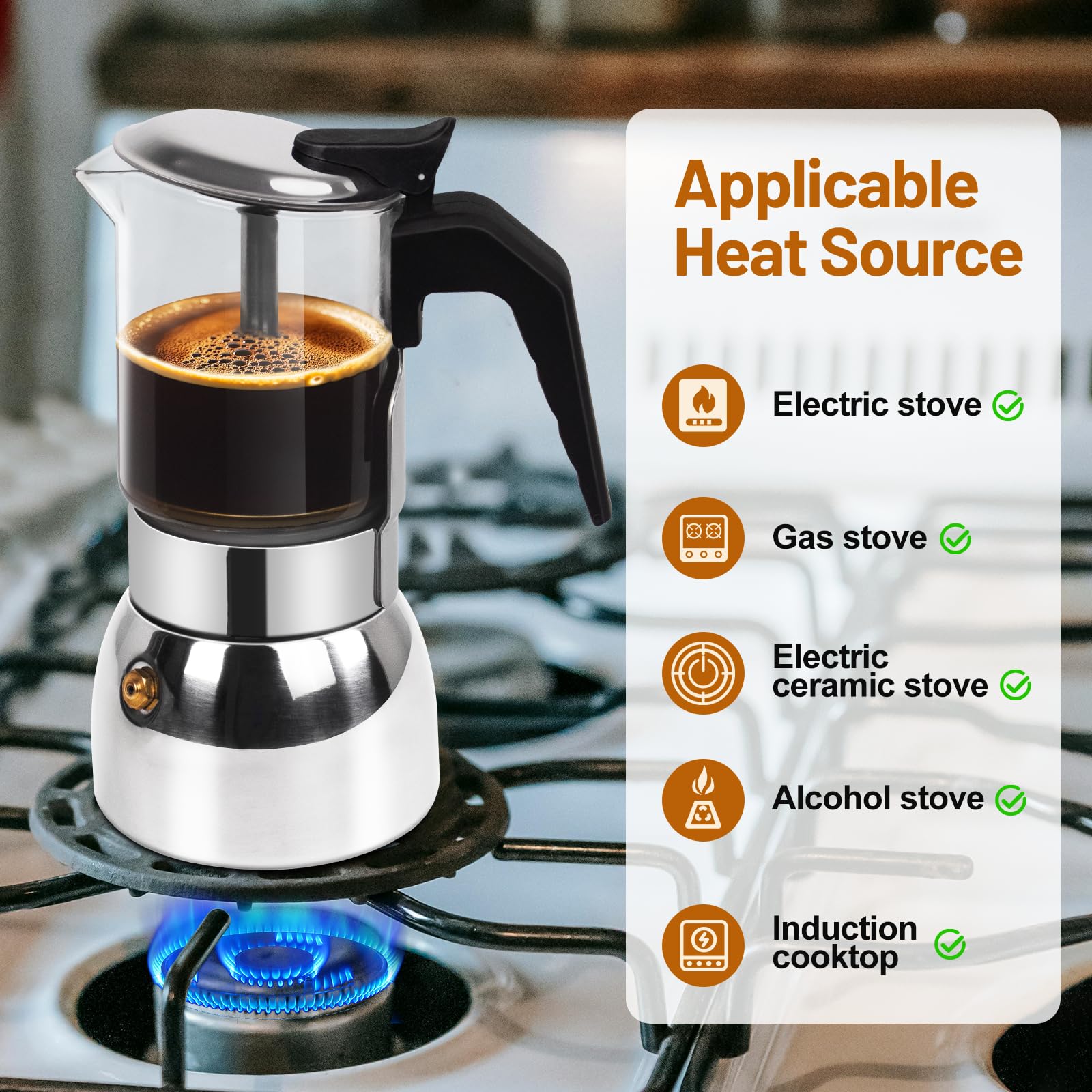 Vaolvpant cafetera moka acero 304 con detalle de resistencia