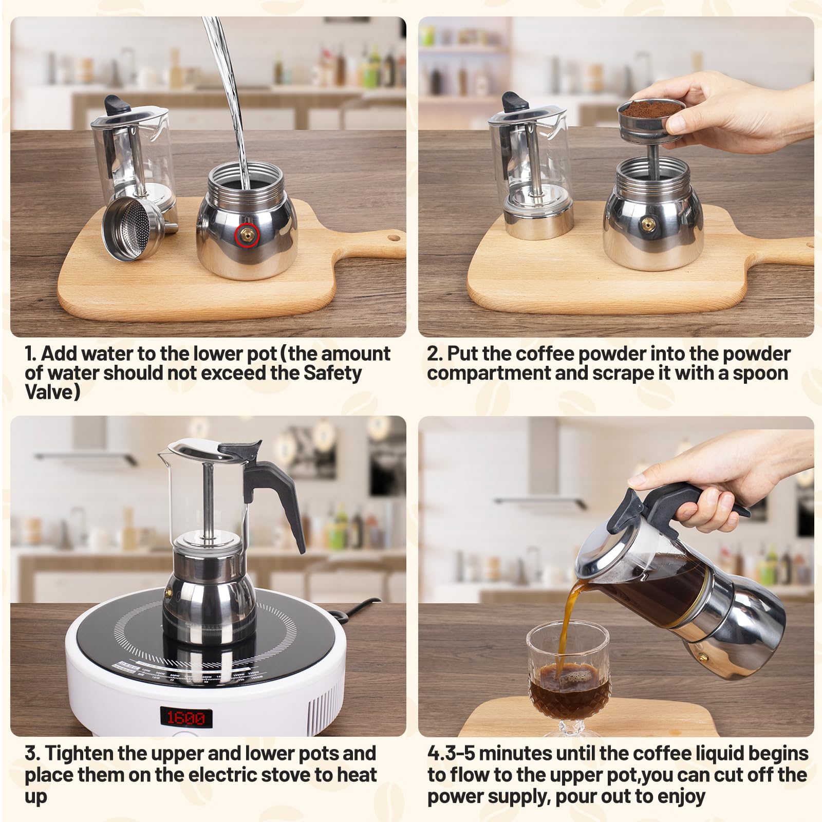Vaolvpant cafetera moka muestra extracción 360° visible