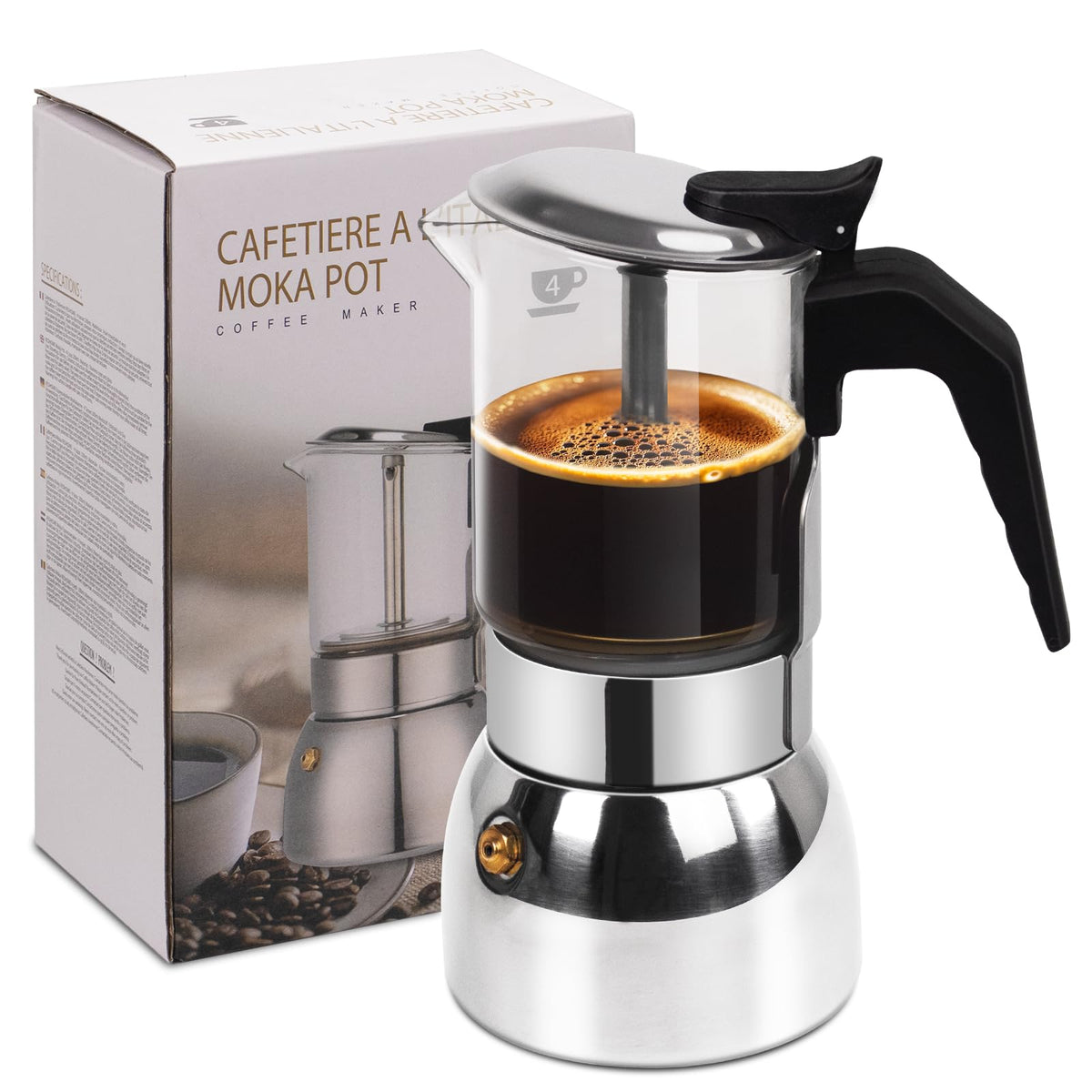 Vaolvpant cafetera moka con vidrio transparente superior para monitorizar la extracción