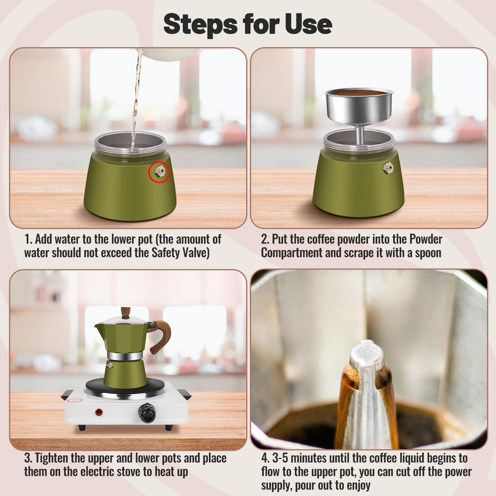 Vaolvpant compatible con estufas de gas y eléctricas para espresso rápido.