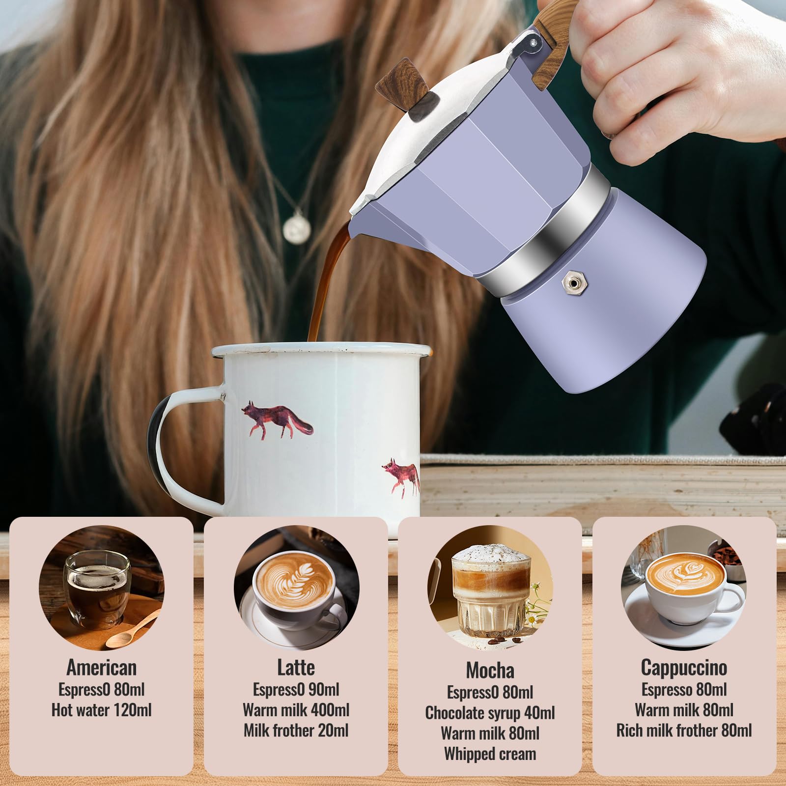 Vaolvpant Moka Pot acabado pulido purpura