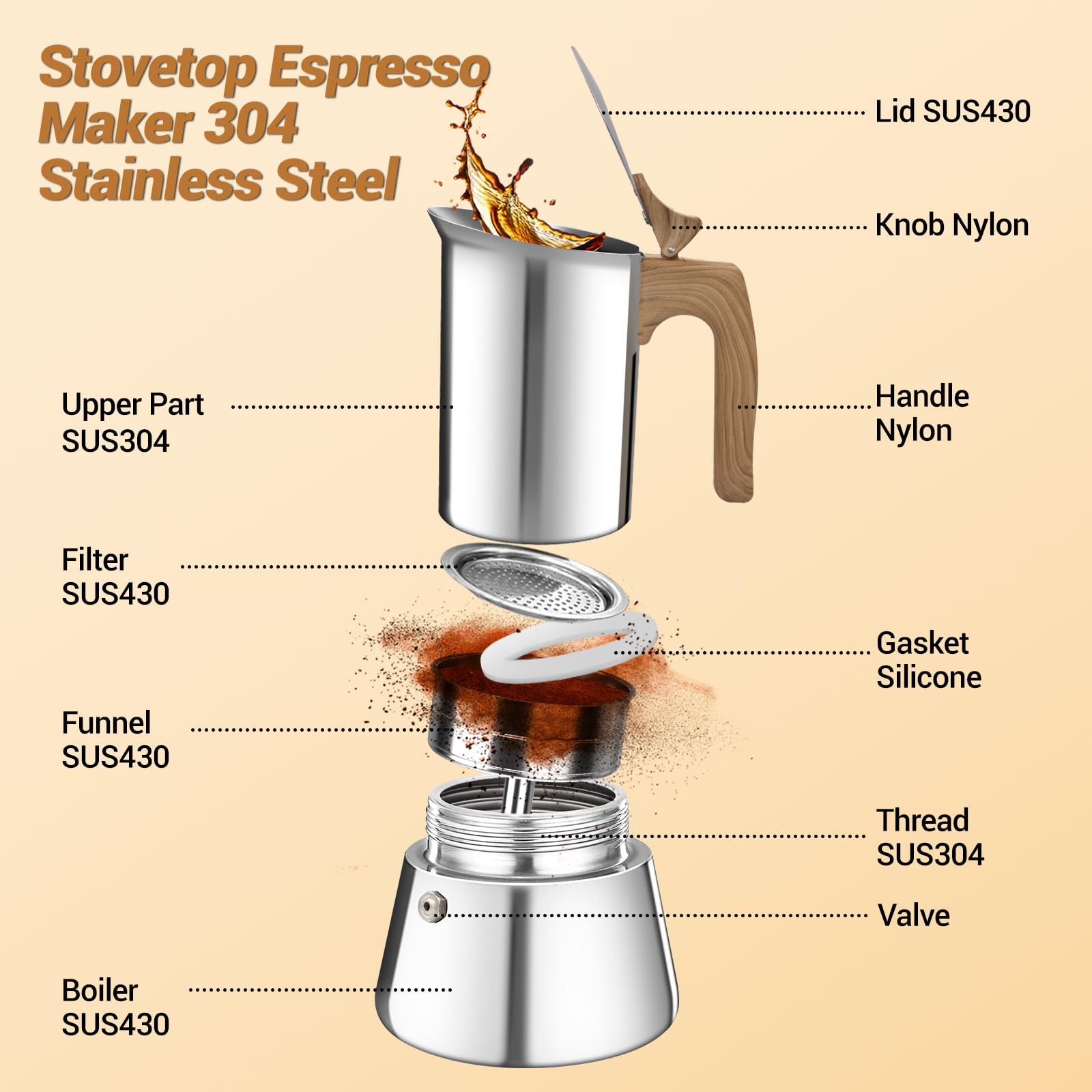 Moka pot Vaolvpant compatible con todas las estufas para mayor versatilidad.