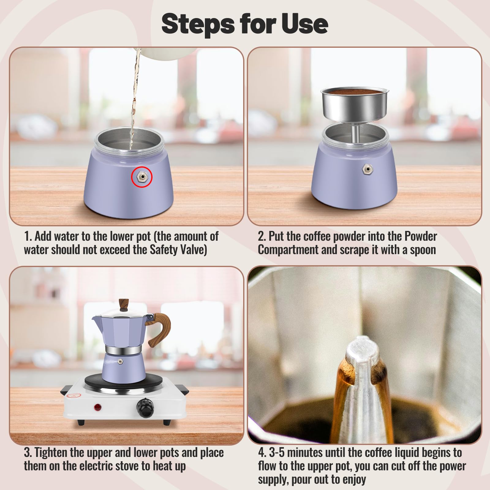 Vaolvpant Moka Pot limpieza fácil purpura