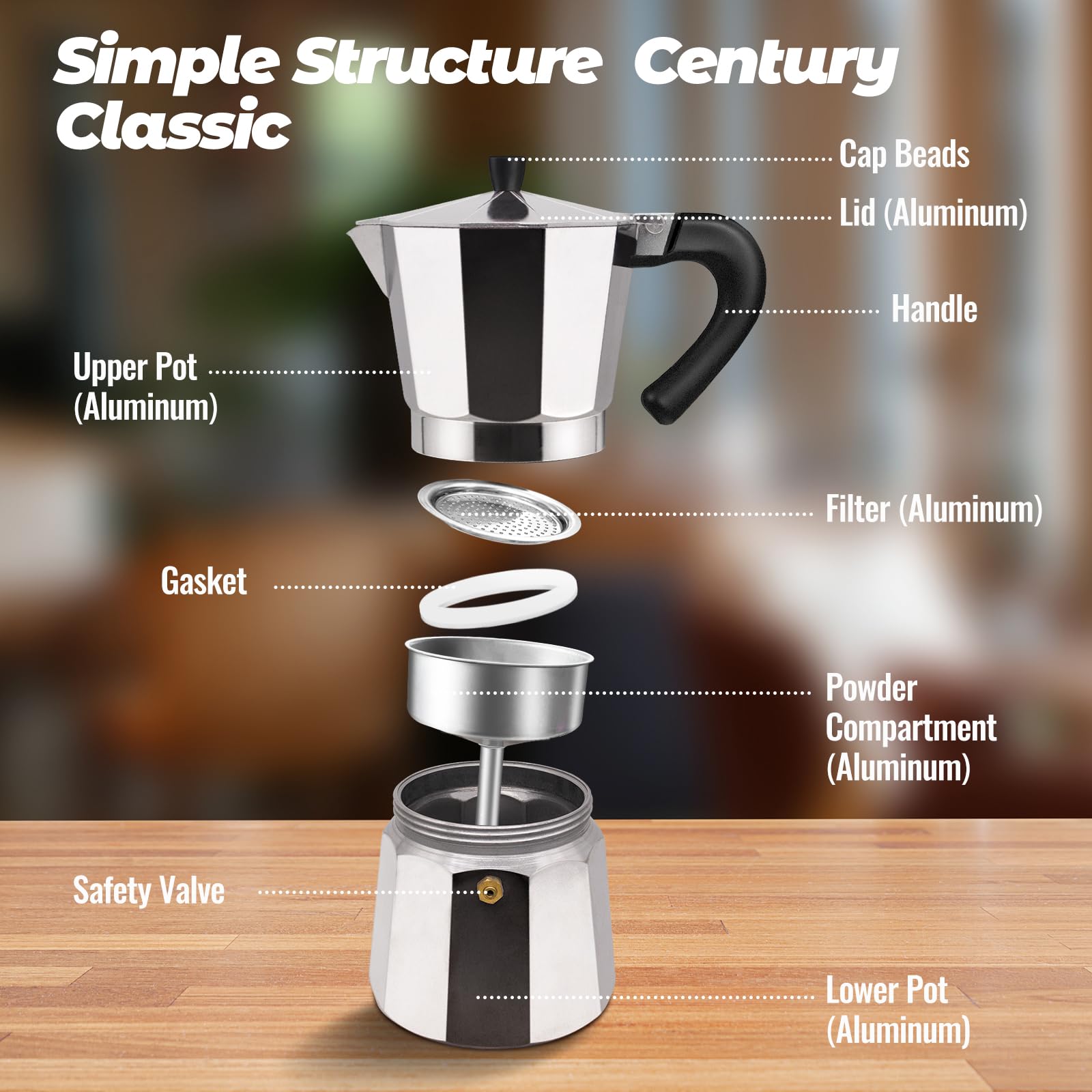 Vaolvpant moka pot, mango ergonómico para manejo cómodo.
