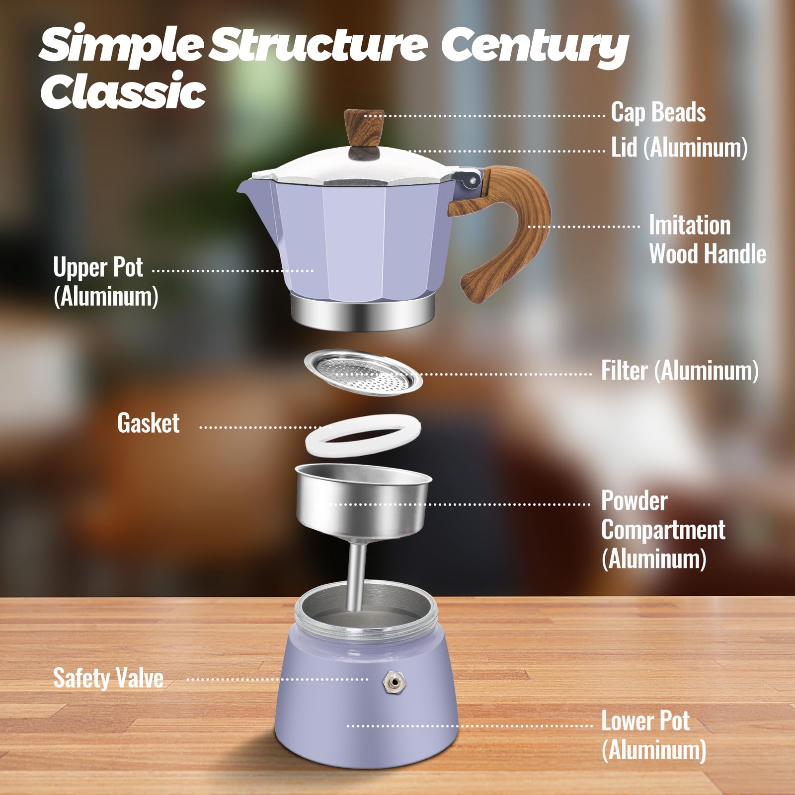 Vaolvpant Moka Pot tapa con perilla purpura, vertido seguro